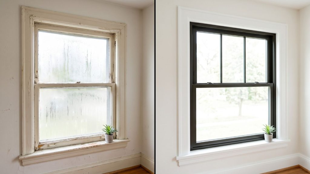 Side-by-side comparison of old single-pane vs new energy-efficient windows